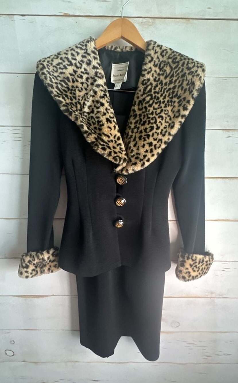 Joseph Ribkoff Créations Vintage Leopard Faux Fur Trim Skirt Suit